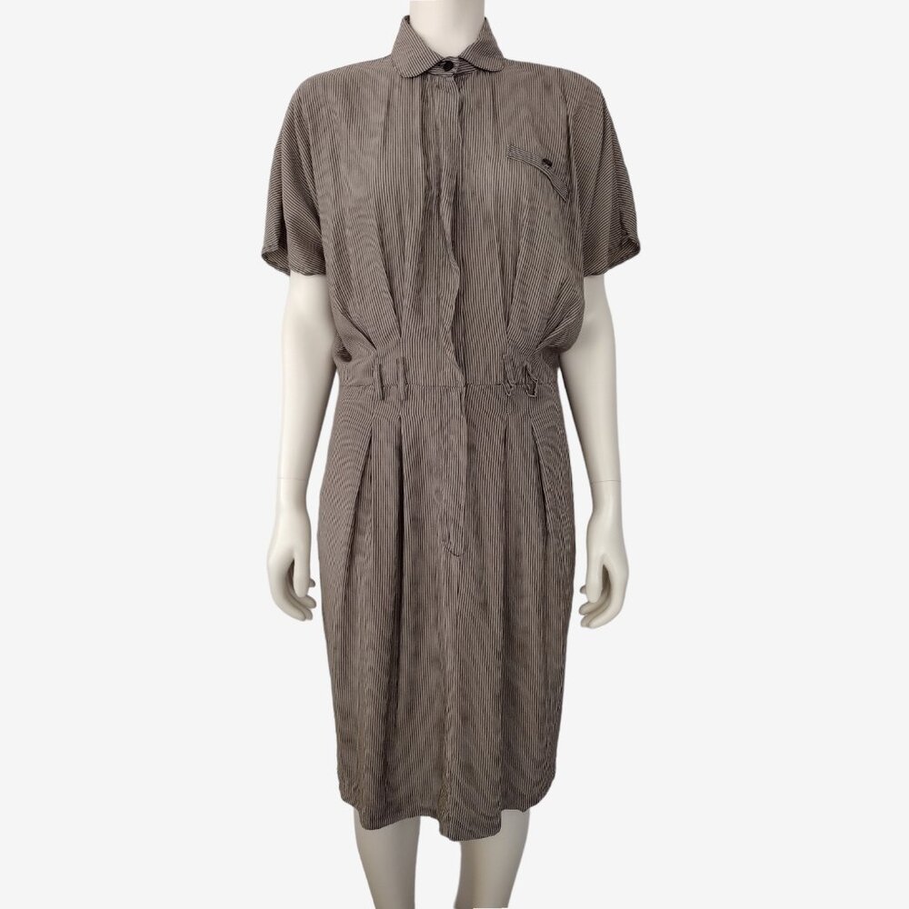 Vintage 1990s Tan Black Striped Collared Short Sleeved Casual Midi Dress
